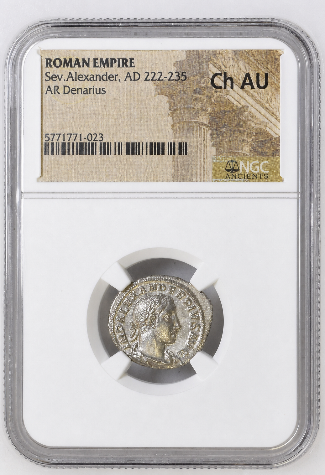 Brightened NGC 5771771-023 front: Severus Alexander AD 222–235 Roman Empire AR denarius, graded Ch AU