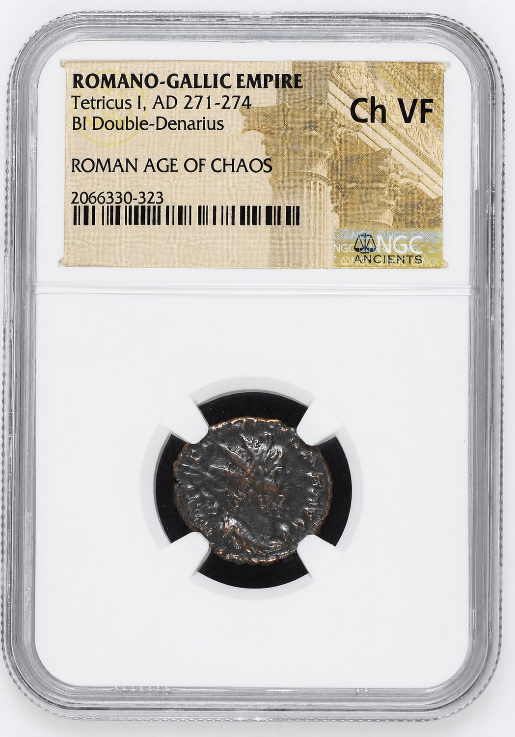 Brightened NGC 2066330-323 front: Tetricus I AD 271–274 Romano-Gallic Empire BI double-denarius, graded Ch VF