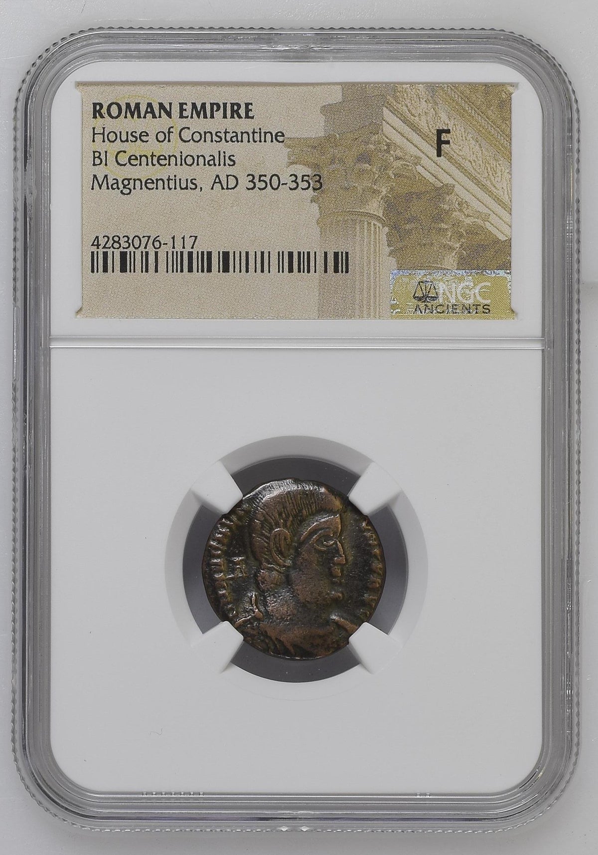 NGC 4283076-117 front: Magnentius AD 350–353 House of Constantine BI centenionalis, graded F