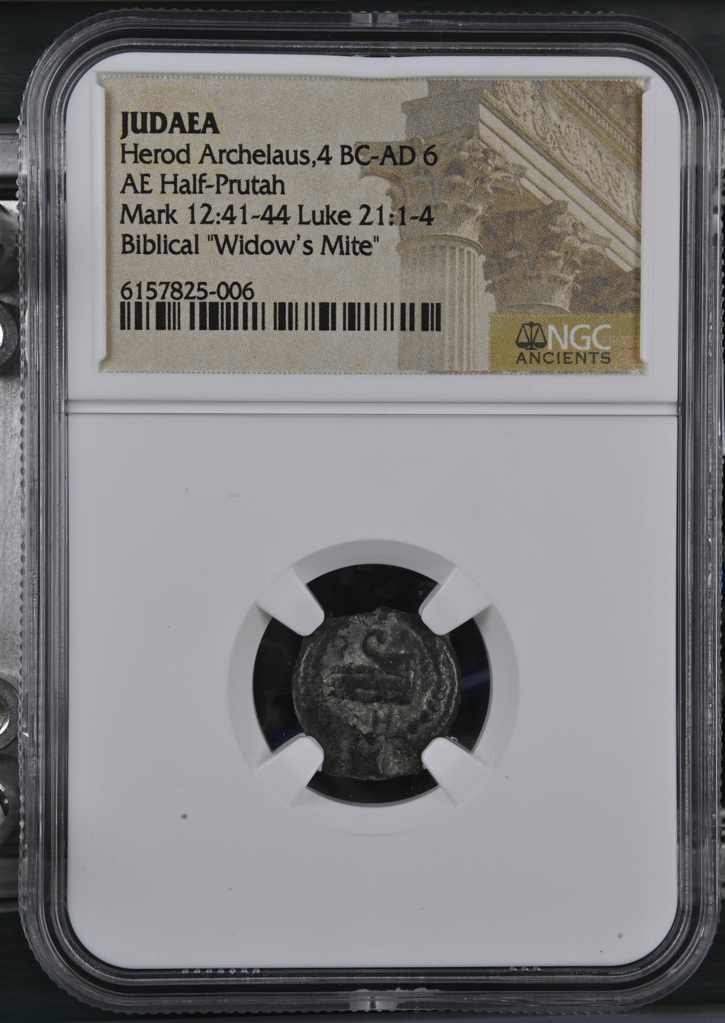 NGC 6157825-006 front: Herod Archelaus 4 BC-AD 6 Judaea AE half-prutah, Biblical Widow's Mite