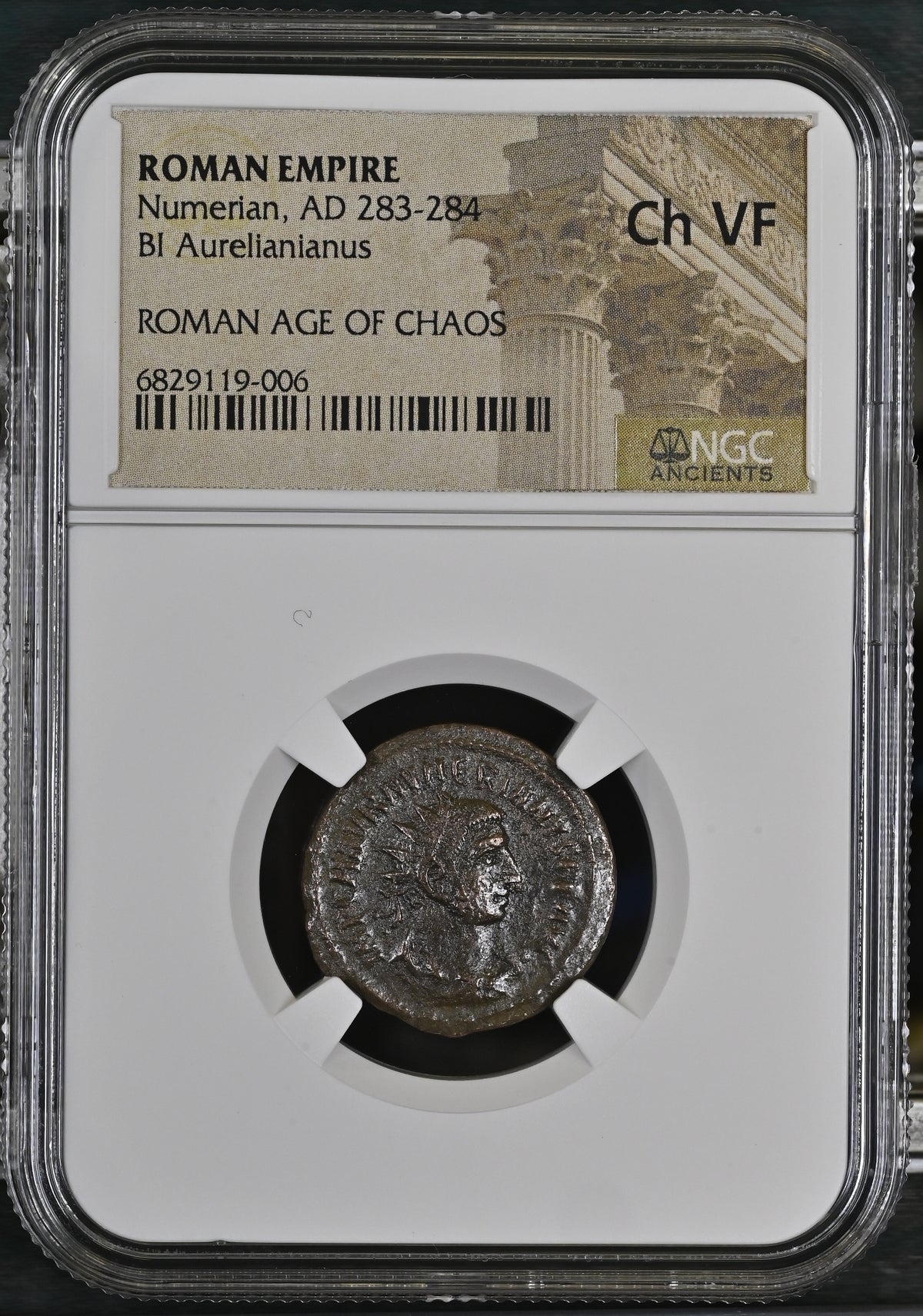 NGC 6829119-006 front: Numerian AD 283-284 Roman Empire BI aurelianianus, graded Ch VF