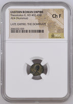 Theodosius II (AD 402–450) Eastern Roman Empire AE4 Nummus NGC Ch F