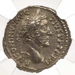 Antoninus Pius (AD 138–161) Roman Empire AR Denarius NGC AU representative stock photograph 2