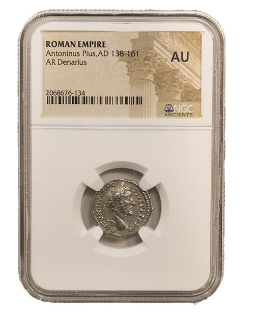 Antoninus Pius (AD 138–161) Roman Empire AR Denarius NGC AU representative stock photograph