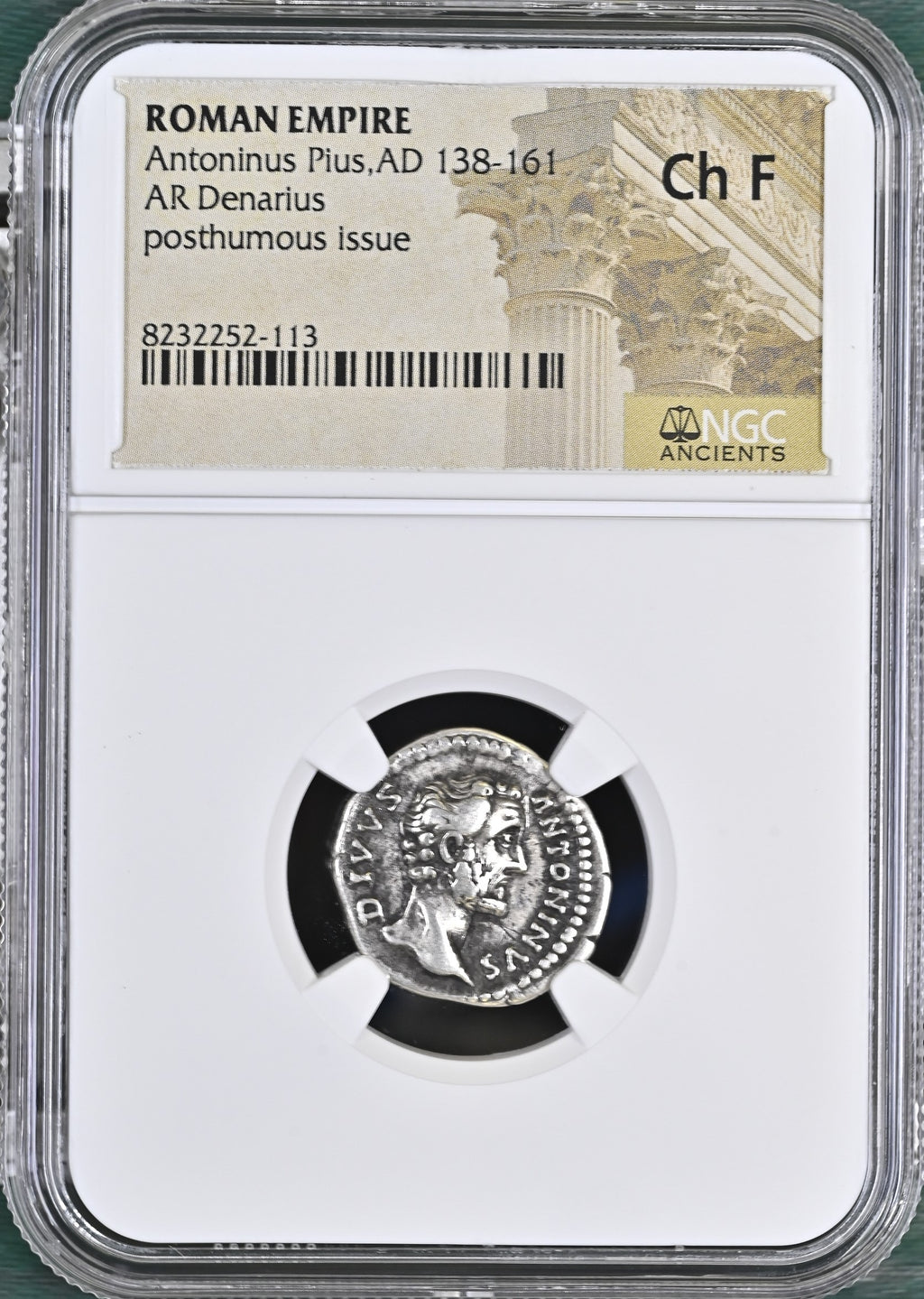 Antoninus Pius (AD 138–161) Roman Empire AR Denarius NGC Ch F representative stock photograph