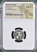 Antoninus Pius (AD 138–161) Roman Empire AR Denarius NGC Ch F representative stock photograph