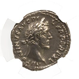 Antoninus Pius (AD 138–161) Roman Empire AR Denarius NGC Ch XF representative stock photograph 2