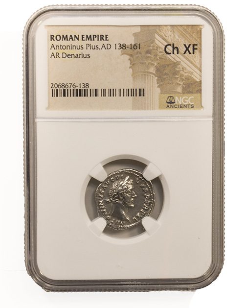 Antoninus Pius (AD 138–161) Roman Empire AR Denarius NGC Ch XF representative stock photograph
