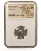 Antoninus Pius (AD 138–161) Roman Empire AR Denarius NGC Ch XF representative stock photograph