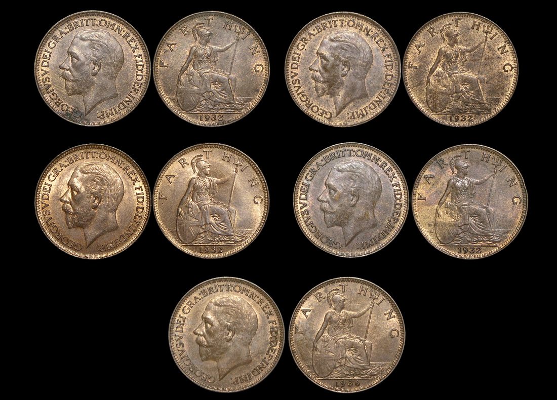 Great Britain, George V (1910-1936), Bronze Farthings (5), UNC with some lustre