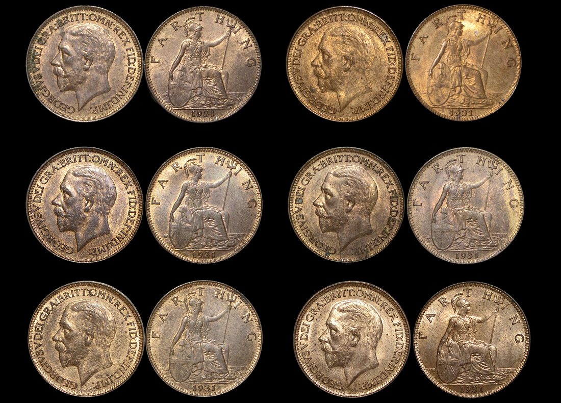 Great Britain, George V (1910-1936), Bronze Farthings (6), UNC with some lustre