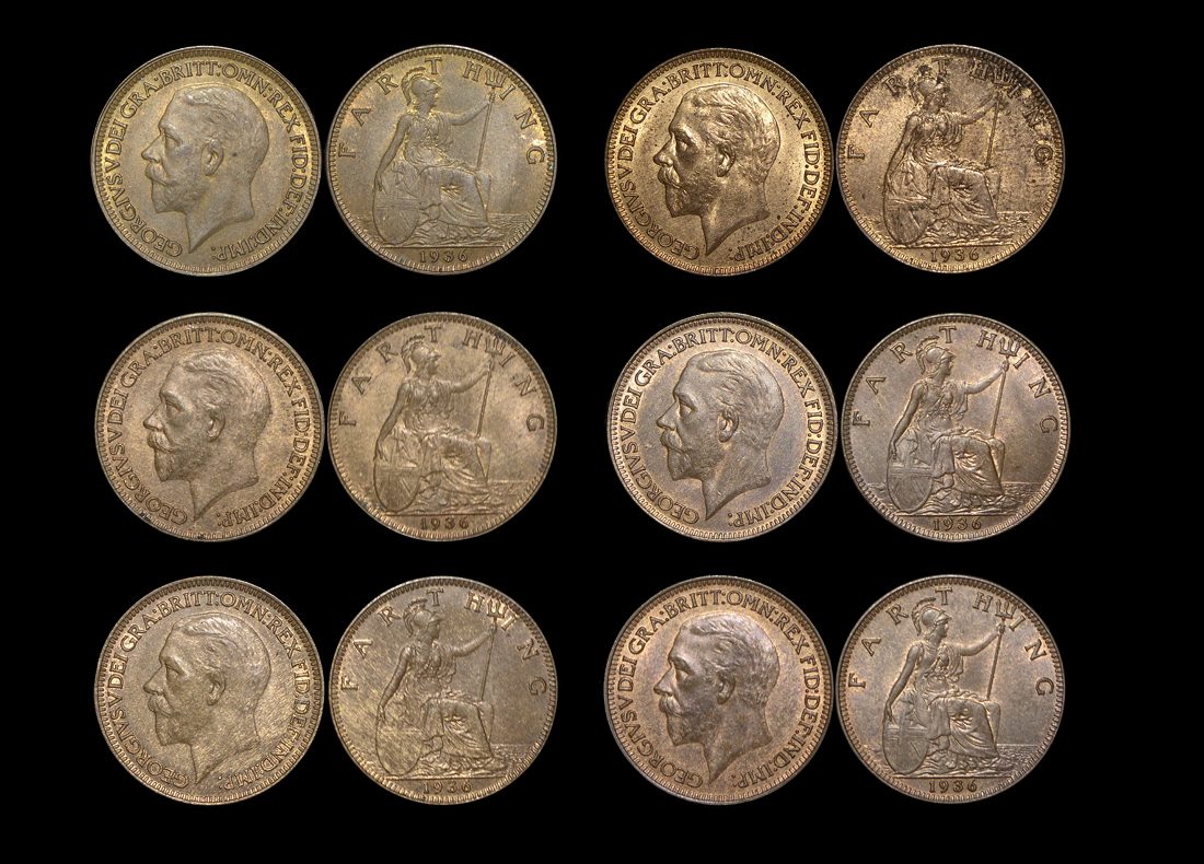 Great Britain, George V (1910-1936), Bronze Farthings (6), UNC with some lustre