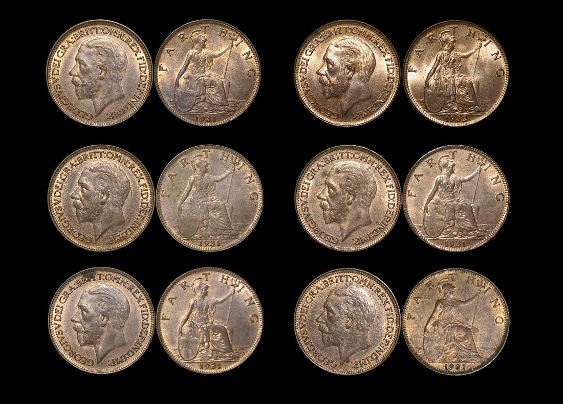 Great Britain, George V (1910-1936), Bronze Farthings (6), UNC with some lustre