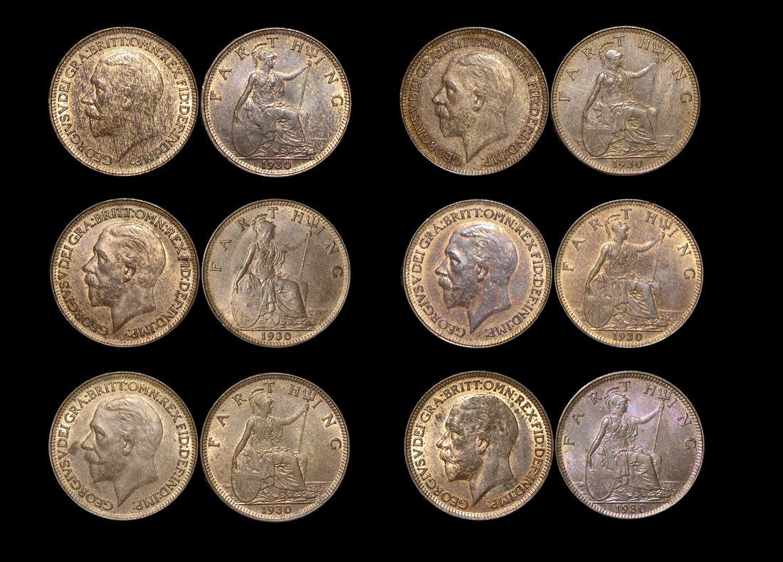 Great Britain, George V (1910-1936), Bronze Farthings (6), UNC with some lustre