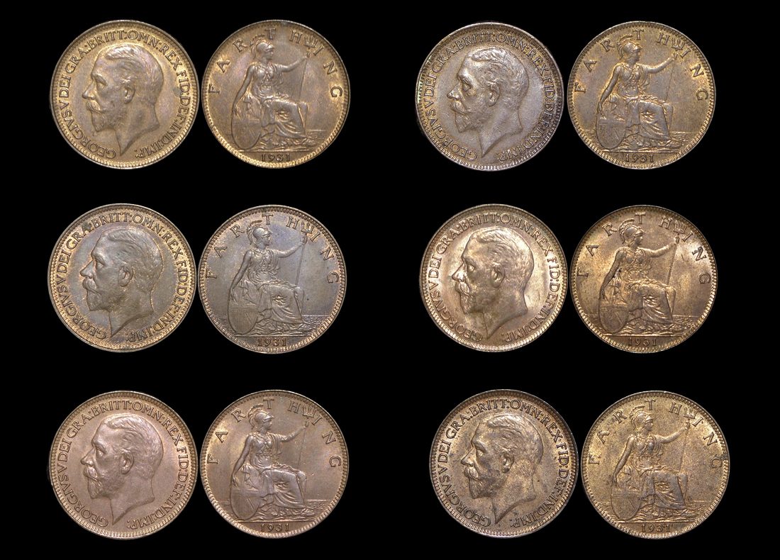 Great Britain, George V (1910-1936), Bronze Farthings (6), UNC with some lustre