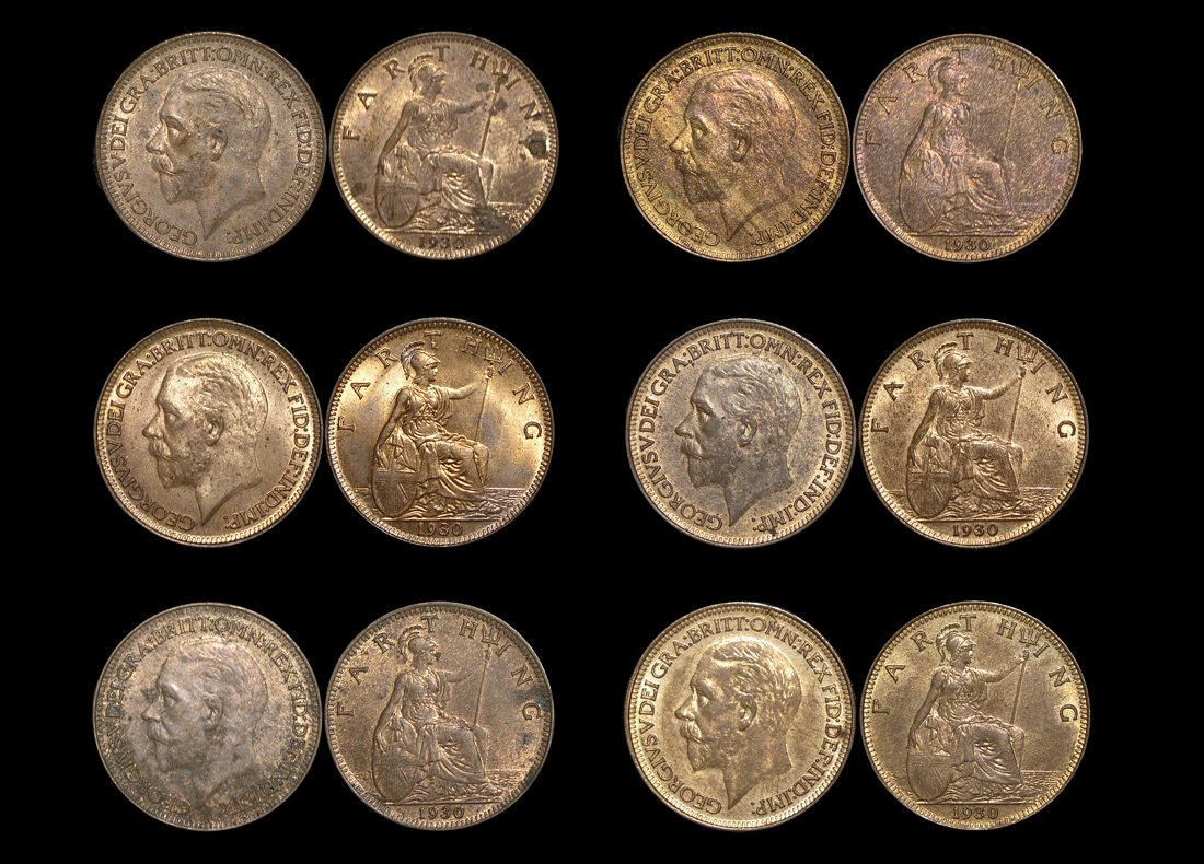 Great Britain, George V (1910-1936), Bronze Farthings (6), UNC with some lustre