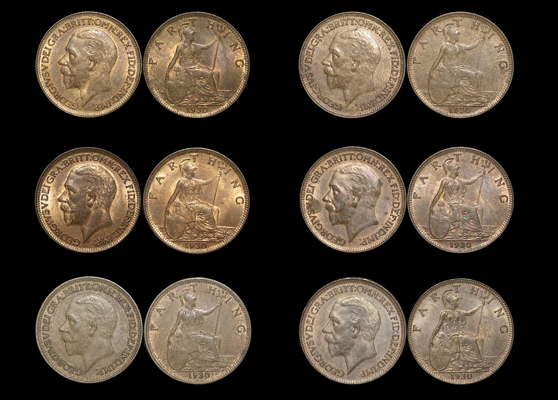 Great Britain, George V (1910-1936), Bronze Farthings (6), UNC with some lustre
