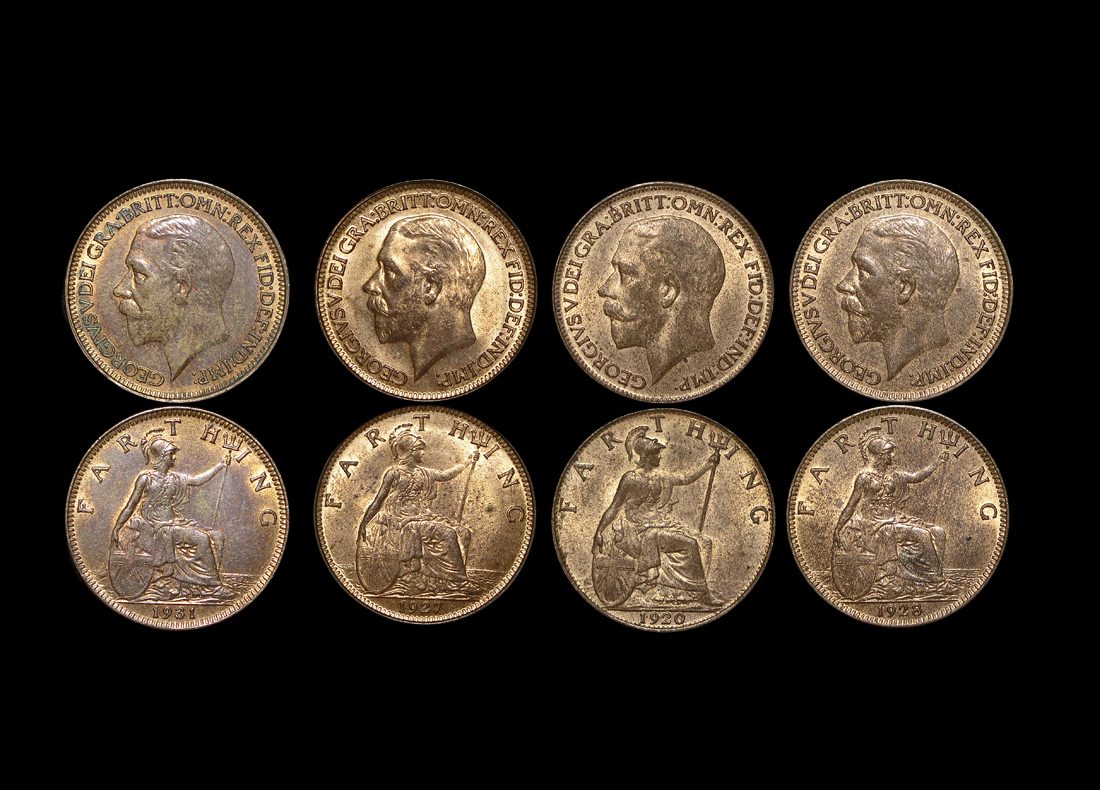 Great Britain, George V (1910-1936), Bronze Farthings (4), UNC with some lustre