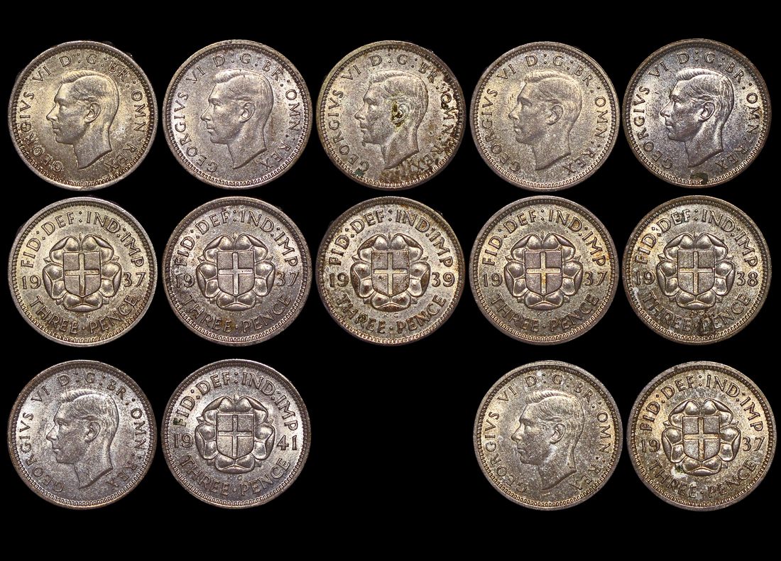 Great Britain, George VI (1936-1952), Silver Threepences 1937(4), 1938(1)