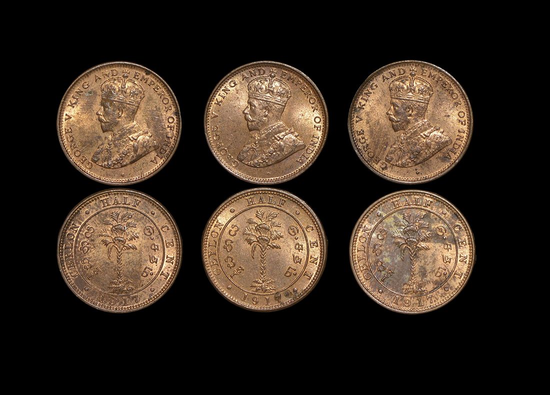 Ceylon, George V (1910-1936), Copper 1/2 Cent, 1917 (3) KM 106 (3), UNC with