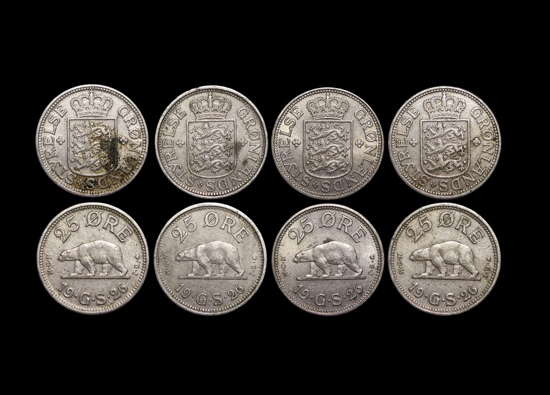Greenland 25 Øre coin, nickel/copper-nickel, 1926 issues. Polar bear on obverse