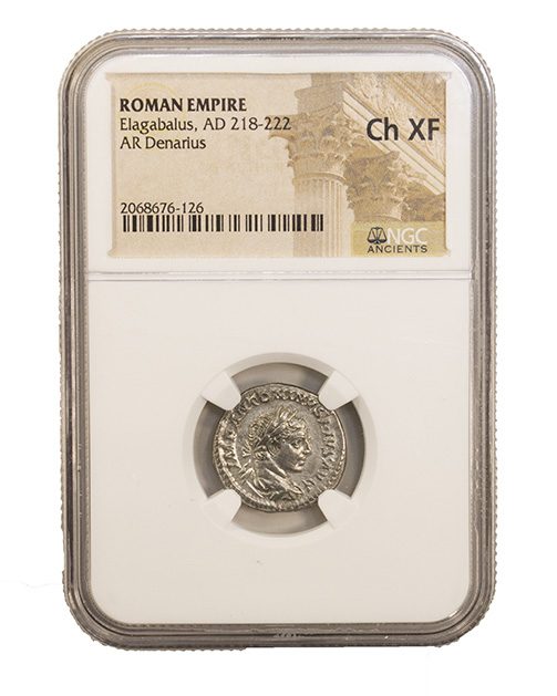 Elagabalus (AD 218–222) Roman Empire AR Denarius NGC Ch XF representative stock photograph