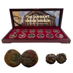 The Greek World: Box of 12 Bronze Coins from the Time of Ancient Greece (wooden