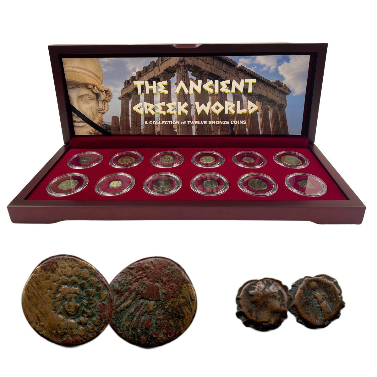 The Greek World: Box of 12 Bronze Coins from the Time of Ancient Greece (wooden