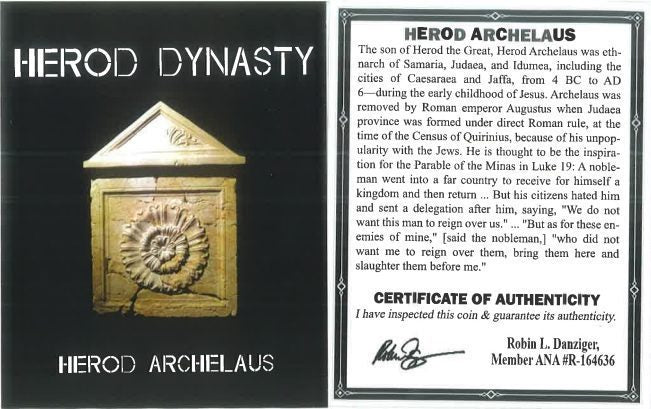 Educational certificate of authenticity for Herod Archelaus 4 BC-AD 6 Judaea coin