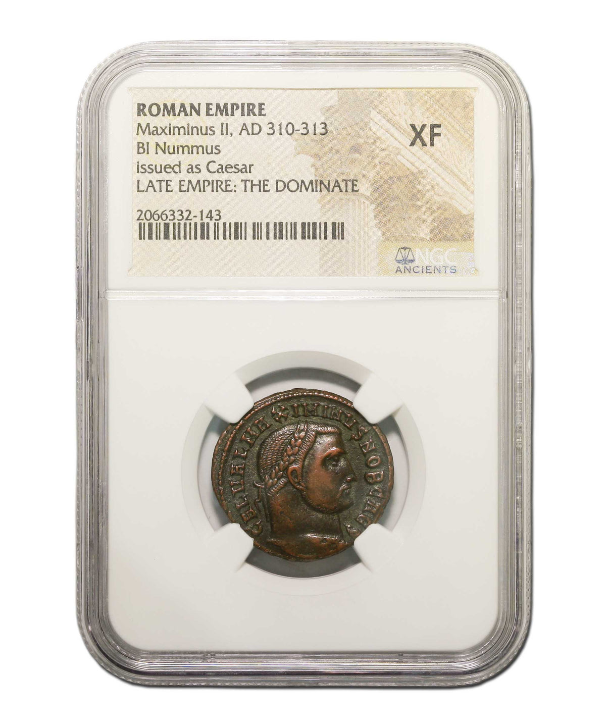 Maximinus II (AD 311–313) Roman Empire AE1/AE2 Nummus NGC XF representative stock photograph