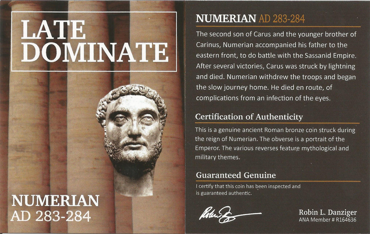 Educational certificate of authenticity for Numerian AD 283-284 Roman Empire coin