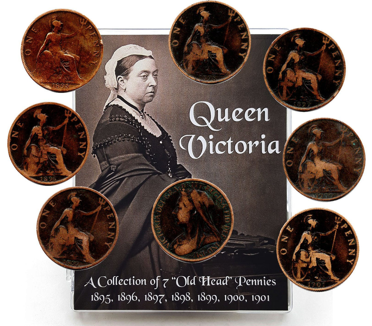 Queen Victoria: A Collection of 7 “Old Head” Pennies, 1895-1901 (Clear Box)