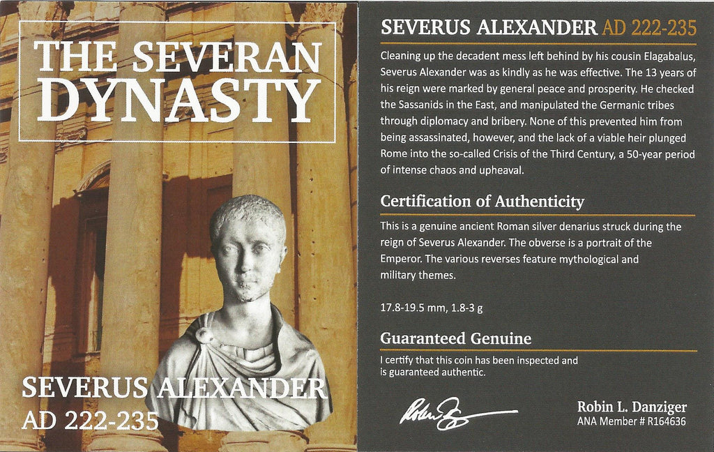 Certificate of authenticity for Severus Alexander AD 222–235 Roman Empire AR denarius