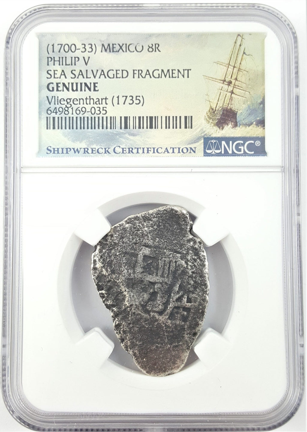 Philip V 8 Reales Sea-Salvaged Fragment 1735 Vliegenthart Shipwreck NGC Genuine — image 4
