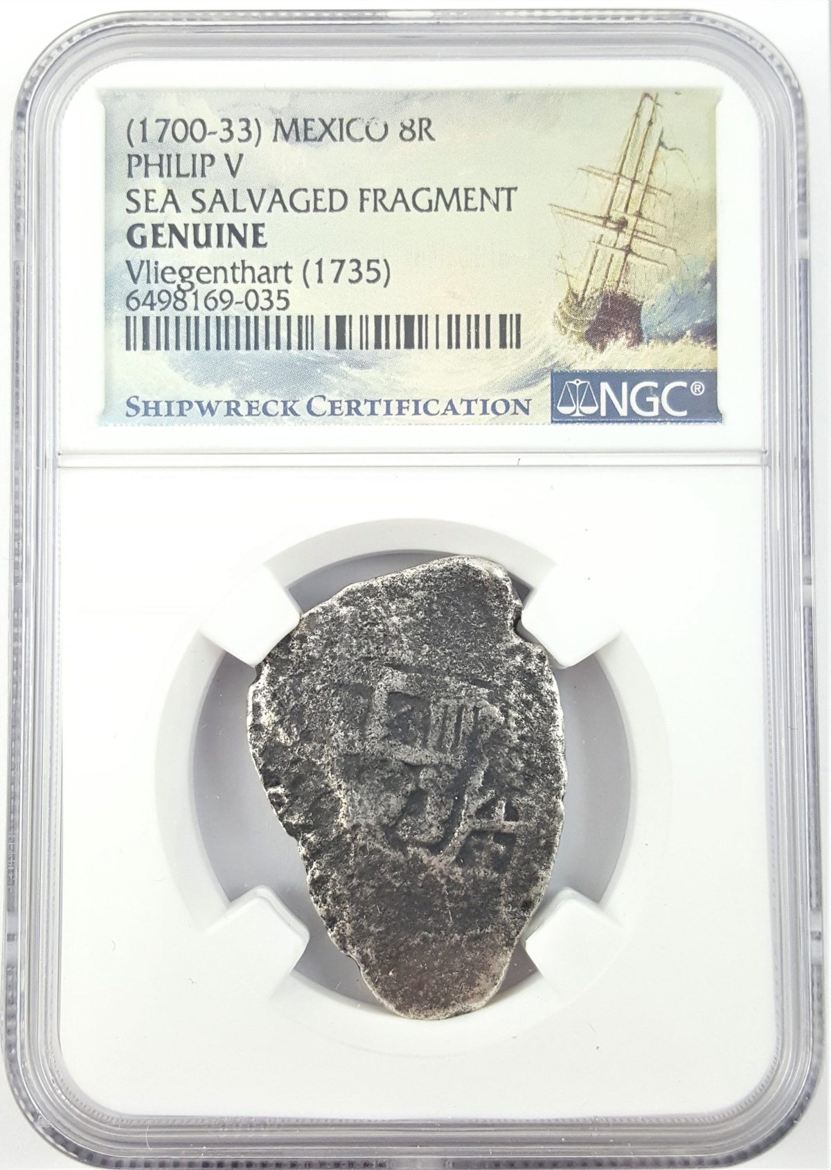 Philip V 8 Reales Sea-Salvaged Fragment 1735 Vliegenthart Shipwreck NGC Genuine — image 4